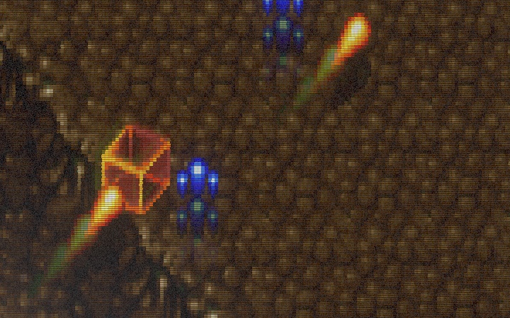 A close crop of the picture, showing scanlines, the aperture-grille mask and bloom around bright shots