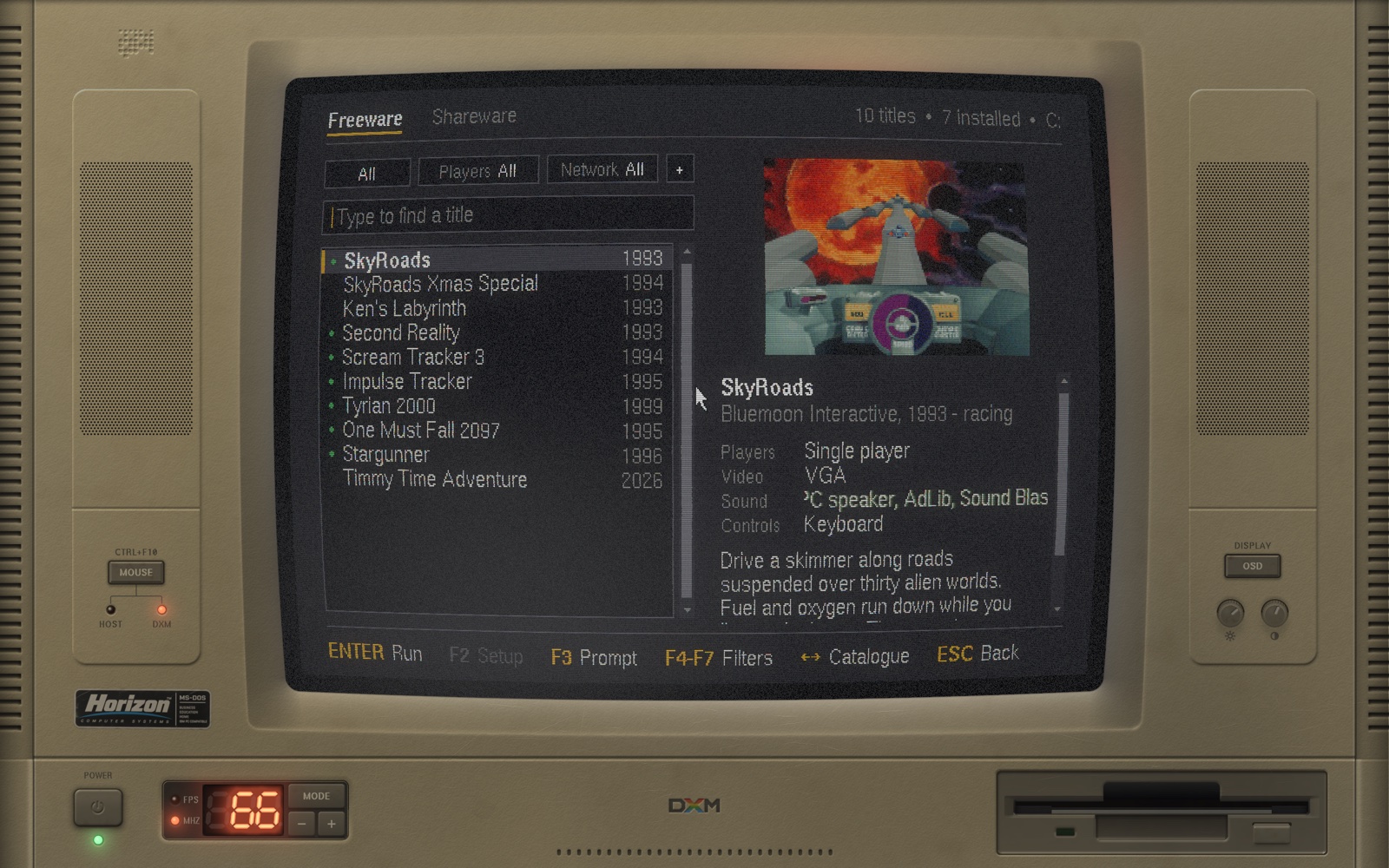 CATALOG, the machine's shop, with a list of freeware titles and SkyRoads selected