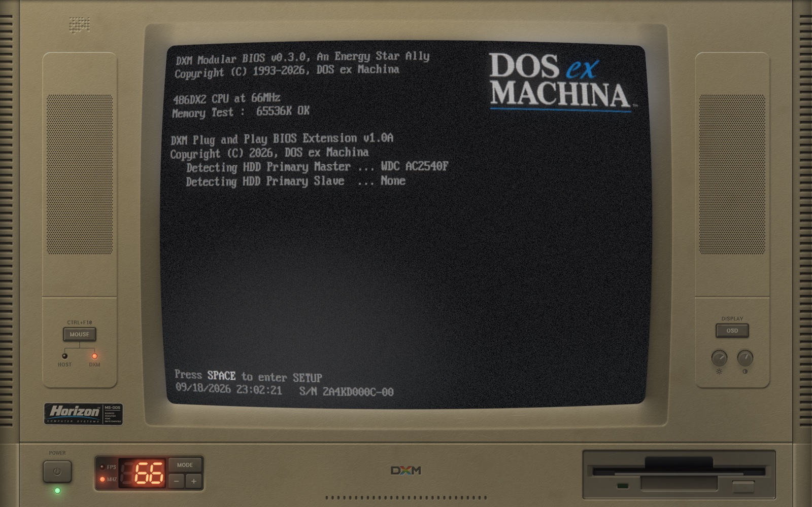 The machine running its POST: the BIOS banner, a 486DX2 at 66 MHz, the memory count, and the turbo display reading 66