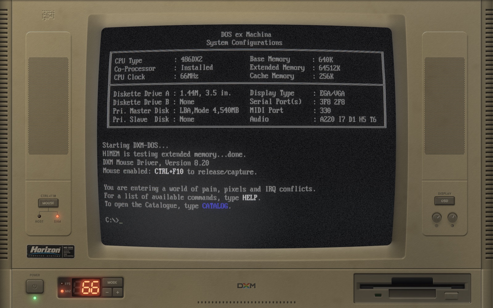 The system configuration screen and the DOS prompt under it, with the machine's greeting