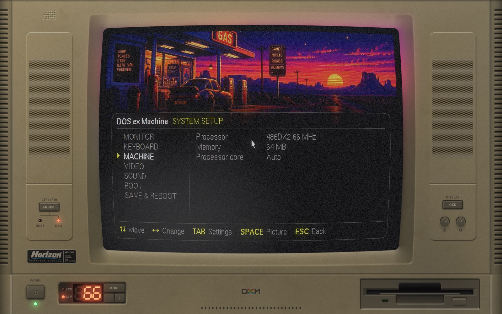 SETUP, the machine's configuration screen, on its MACHINE section: processor, memory and processor core